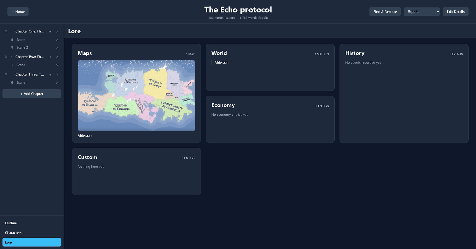 Quillen Lore hub showing Maps, World, History, Economy, and Custom categories